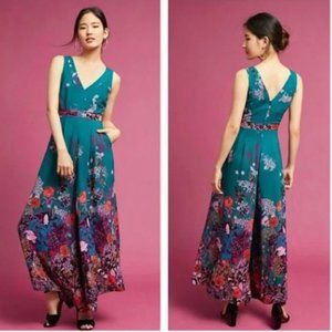 Anthropologie Maeve Teal Floral Andalusia Jumpsuit Size 10P